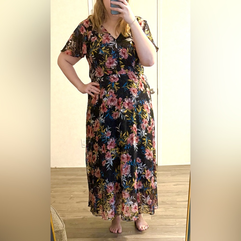 Floral Black Vneck Dress with Flowy Sleeves
